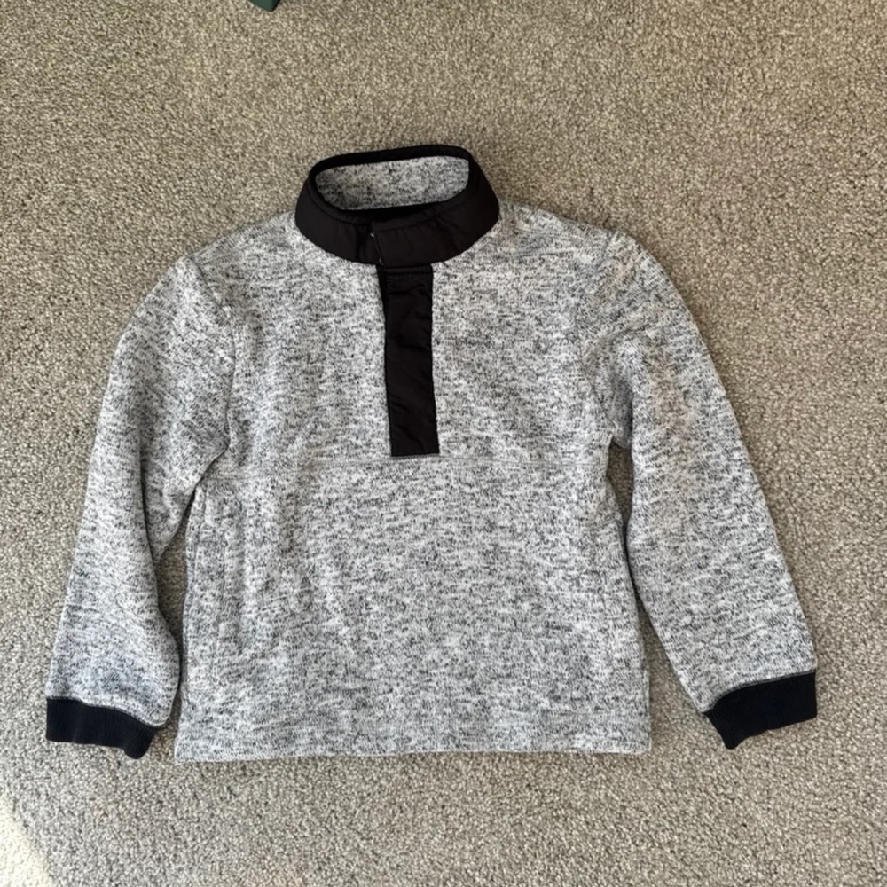 Janie and Jack Size 6 long Sleeve Light Grey W/Blk accents Snap Neck Fleece Top